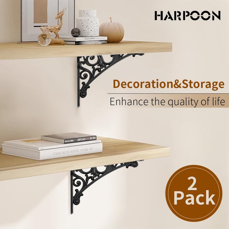 HARPOON 8 Inch Shelf Brackets 2 Pack Heavy Duty Wall Bracket Baroque Kitchen Decorative Rack Shelves Black - Image 2